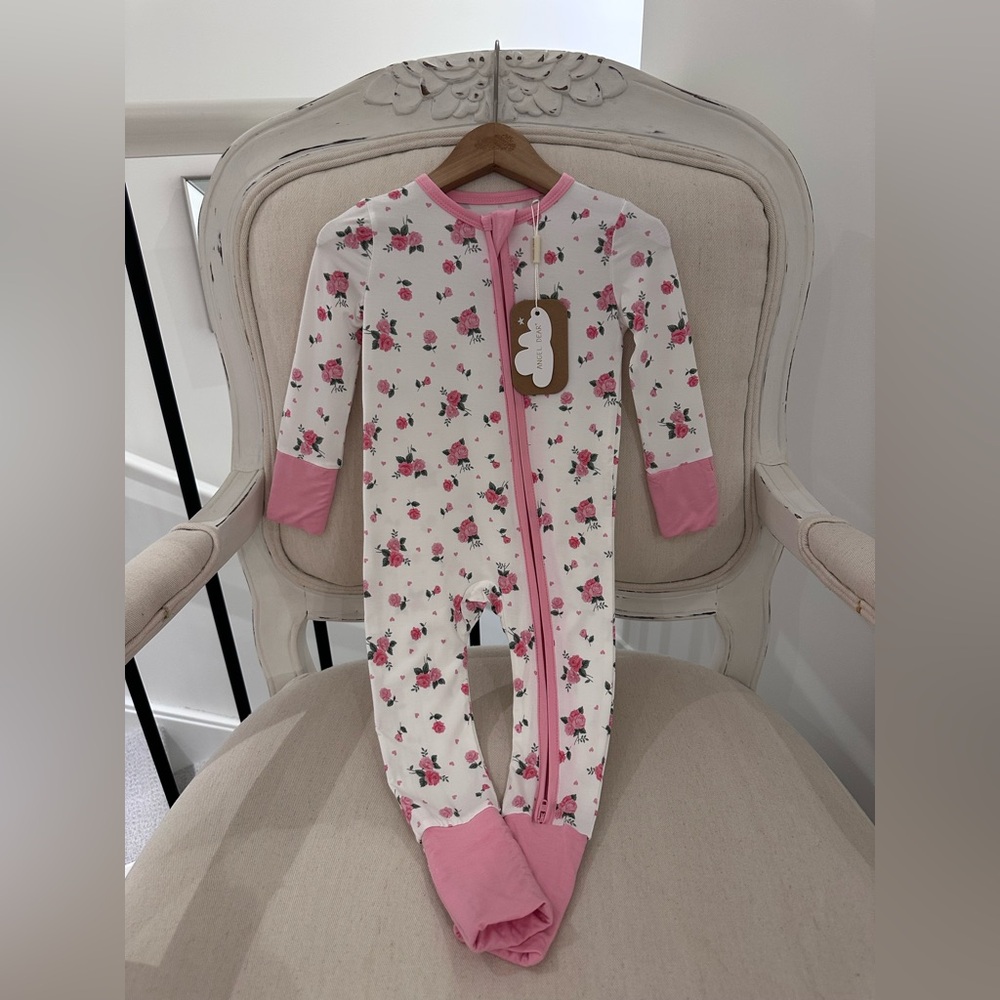 🌹6~12 Mth Angel Dear Pink Rosettes  & Mini Heart 2 Way Zipper Footie NWT